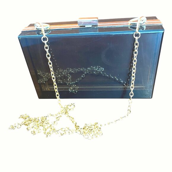 Black Acrylic Hard Case Clutch With Gold Chain Strap Rectangular Design Snap - Picture 1 of 6